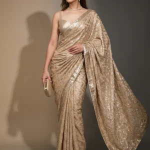 Beige Georgette Sequins Saree With Unstitched Blouse