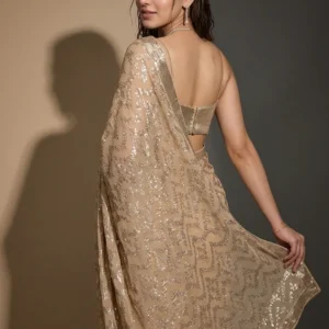 Alternative view of Beige Georgette Sequins Saree With Unstitched Blouse