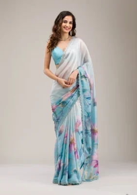 Sky Blue Satin Floral Stonework (Silver) Saree With Unstitched Blouse