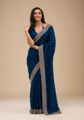 Navy Blue Soft Raw Silk Zariwork (Gold) Saree With Unstitched Blouse